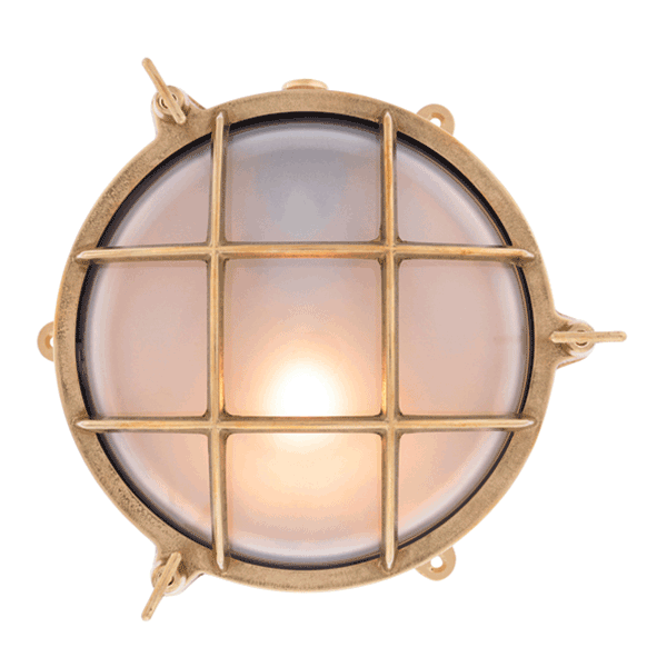 Large Round Bulkhead Light With Legs - Brass With Frosted Glass