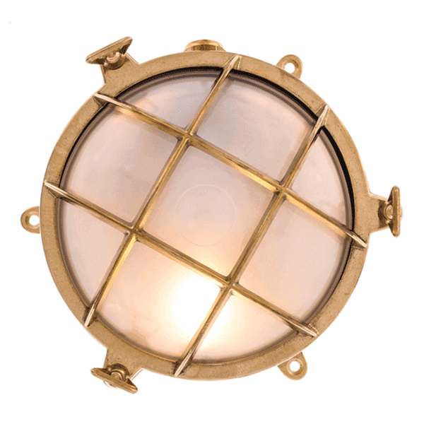 Medium Round Bulkhead Light With Legs - Brass With Clear Glass