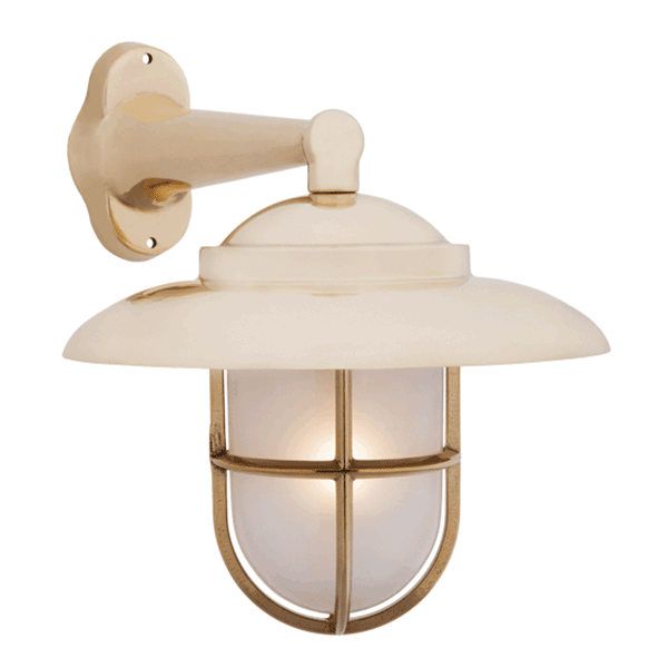 Side Arm Wall Light with Hood & Grille - Brass With Frosted Glass