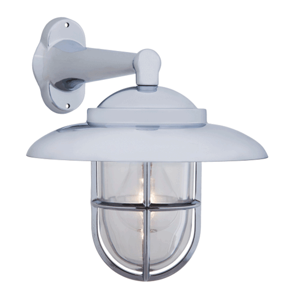 Side Arm Wall Light with Hood & Grille - Chrome With Clear Glass