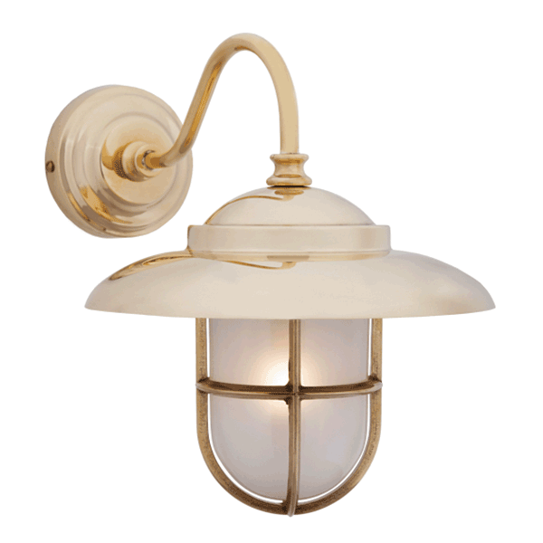 Swan Neck Wall Light with Hood & Grille - Brass With Clear Glass