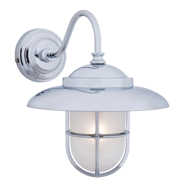 Swan Neck Wall Light with Hood & Grille - Chrome With Frosted Glass