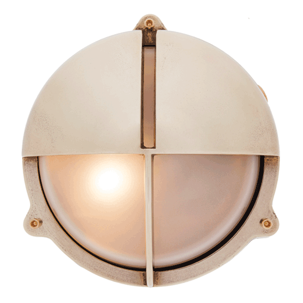 Medium Round Bulkhead Light with Eyelid - Brass With Frosted Glass