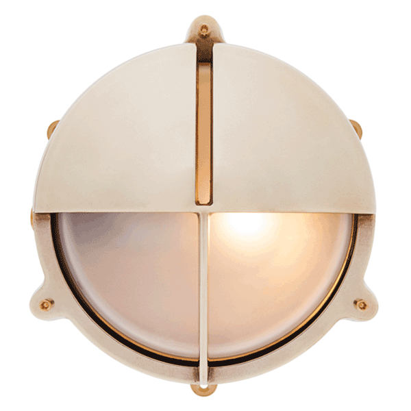 Large Round Bulkhead Light With Legs & Eyelid - Brass With Frosted Glass